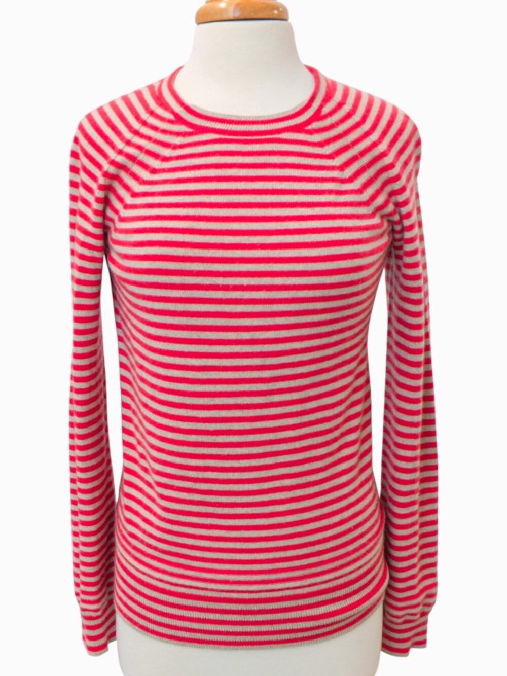 TSE Pure Cashmere Striped Sweater Sz L Pink & Gray Raglan Sleeve